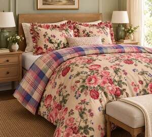 Vtg Eddie Bauer Duvet Cover King Euro 3 Ruffle Shams Cabbage Rose Madras Plaid